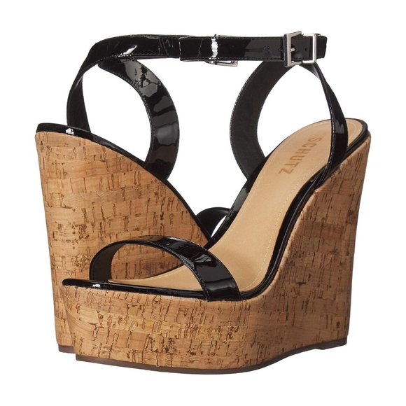 Schutz Eduarda Black Patent Leather Platform Cork Wedge Sandal